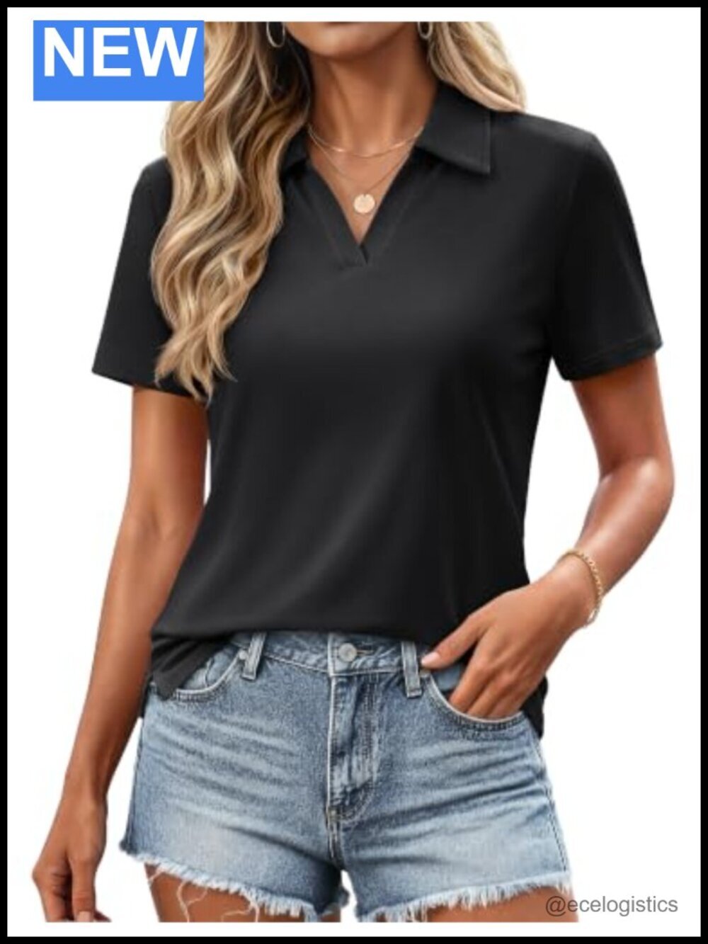 Women's Short Sleeve V Neck Cotton Blend Polo Shirt Business Casual Golf Top